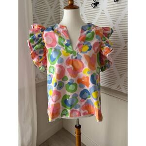 Emily McCarthy Women’s Large Candy Cheetah Ruffle Sleeve Top